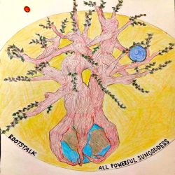 Rootstalk. All Powerful Sungoddess. Image of a tree in front of a yellow sun. 